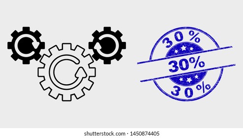 Vector linear gear rotation pictogram and 30% seal stamp. Blue rounded grunge seal stamp with 30% phrase. Black isolated gear rotation pictogram in stroke style.