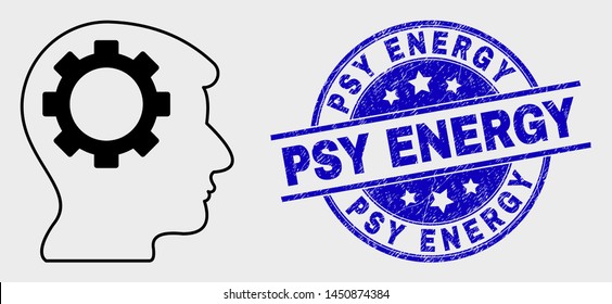 Vector linear gear thinking head icon and Psy Energy seal. Blue rounded grunge seal stamp with Psy Energy title. Black isolated gear thinking head icon in outline style.