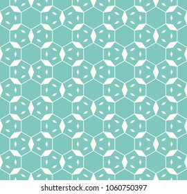 Vector linear geometric seamless pattern. Abstract texture with hexagonal grid in trendy colors, turquoise and beige. Minimalist floral ornament with thin lines, lattice. Modern repeat background 