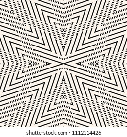 Vector linear geometric seamless pattern. Stylish monochrome background with stripes, concentric shapes, crossing diagonal lines. Black and white abstract texture. Repeat design for wallpaper, print