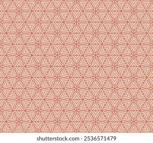 Vector linear geometric seamless pattern with flower silhouettes, leaves, hexagonal grid, thin curved lines. Red and beige abstract texture. Retro vintage style floral background. Repeated design