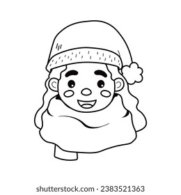 Vector linear girl with winter theme. Girl in a hat and scarf on a white background.