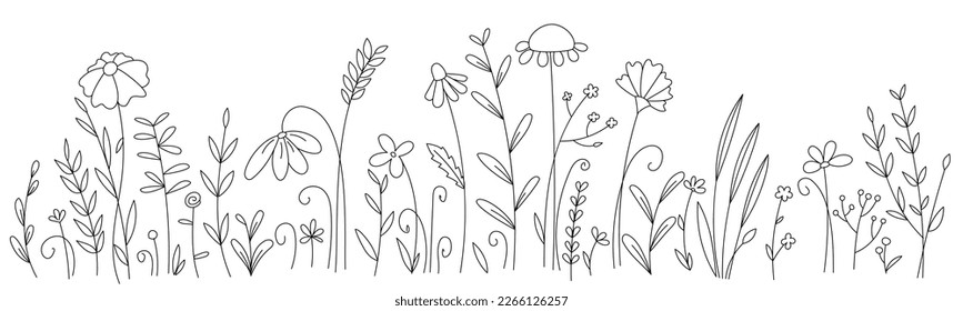 Vector linear glade of hand drawn flowers. Beautiful floral background for postcards, congratulations, invitations. Gentle, spring meadow. Abstract flowers, plants, grass for coloring and design