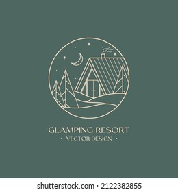 Vector Linear Glamping Emblem With Abstract Winter Forest Landscape And House Or Tent.Travel Logo With Spruces,snow Hills,crescent Moon.Modern Hike,camp,nature Reserve,outdoor Recreation Label