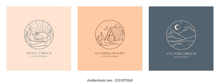 Vector linear glamping emblems with forest landscape,mountains,house or tent.Travel logos with deer,crescent moon,lake,sun and sunburst.Modern hike,camp,nature reserve,outdoor recreation labels.