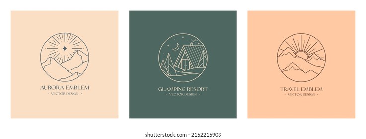 Vector linear glamping emblems with forest landscape,aurora lights,house.Travel logos with mountains,crescent moon,polar star,sun,sunburst.Modern hike,camp,nature reserve,outdoor recreation labels.