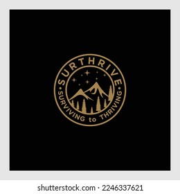 Vector linear glamping emblems with forest landscape,aurora lights,house.Travel logos with mountains,snow hills,crescent moon,polar star.