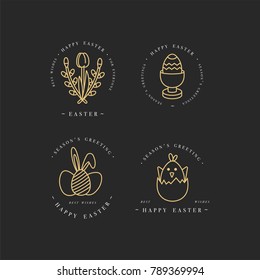 Vector linear golden design Easter greetings elements . Set of typography ang icon for Happy Easter cards, banners or posters and other printables. Spring holidays design elements