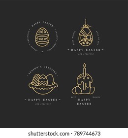 Vector linear golden design Easter greetings elements . Set of typography ang icon for Happy Easter cards, banners or posters and other printables. Spring holidays design elements