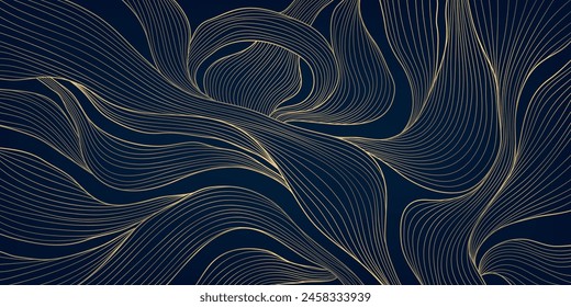 Vector lineal de hojas de oro art deco patrón. Línea dorada elegante textura ondulada, ilustración botánica de estilo japonés. Planta floral textura de lujo, Fondo de pantalla elegante. impresión decorativa de Antiguas