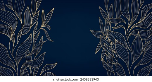 Vector linear golden leaves art deco pattern. Gold line elegant wavy texture, japanese style botanical illustration. Floral plant luxury texture, elegant wallpaper. Vintage decor print
