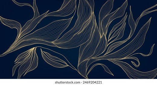 Vector linear golden leaves art deco pattern. Gold line elegant wavy texture, japanese style botanical illustration. Floral plant luxury texture, elegant wallpaper. Vintage decor print