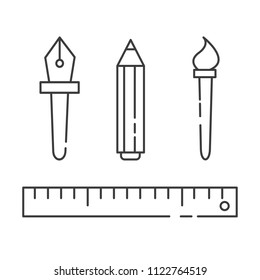 Vector linear graphic design icons - ruler, brush, pencil, pen. High quality black outline logo for web site design and mobile apps. Vector illustration on a white background.
