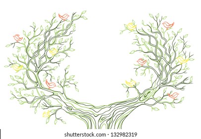 Vector linear graphic green branches with leaves and birds