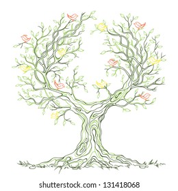 Vector linear graphic green old big branchy tree with leaves and birds