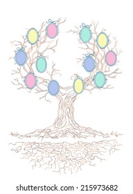 Vector linear graphic old big stale branchy tree with candy colors frames for family portraits,isolated on the white background