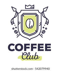 Vector linear green heraldry coat of arms with flags. Vintage royal heraldic shield with crown, coffee bean on white background with title coffee club. Thin line art modern design for logo, web, site