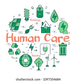 Vector linear green round concept of human care about planet. Line icons of ecology, alternative sources of nutrition, green spaces and clean water