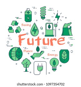 Vector linear green round concept of Clean Planet in future. Line icons of ecology, alternative sources of nutrition, green spaces and clean water