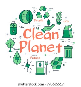 Vector linear green round concept of Clean Planet. Line icons of ecology, alternative sources of nutrition, green spaces and clean water