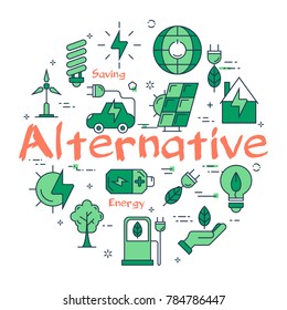 Vector linear green round concept of Alternative energy sources. Line icons of ecology, solar batteries, care of the environment