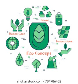 Vector linear green round Eco concept. Line icons of leaf, ecology, energy saving lamp bulb and reusing symbol