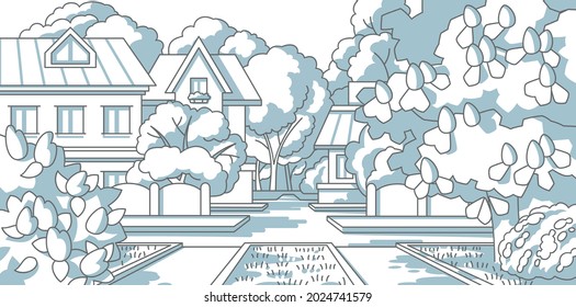 Vector linear grey and white spring cityscape with blooming trees and bushes.