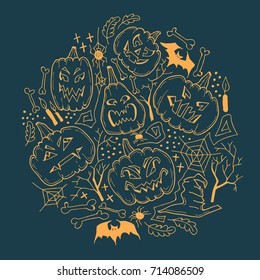 Vector linear halloween illustration with carved pumpkins, bats, bones, spiders and bugs. Halloween cartoon design.