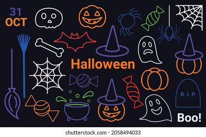 Vector linear Halloween set of colored elements. Pumpkins, hats, witches, potion, spiders and cobwebs, candy, bat and ghosts isolated on a black background, broom