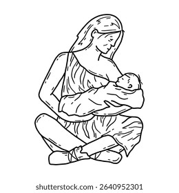Vector linear hand drawn icon of a prehistoric mother in animal skin holding a baby in doodle style.