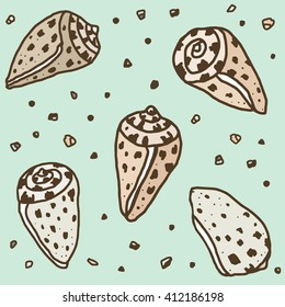 Vector linear hand drawn illustration of the seashells with sand on the light mint background. Pattern of the summer shells and sand on the sea background.