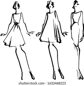 Vector linear hand drawn sketch of different silhouettes of female dresses . Black ink. Fast sketch, Fashion illustration for clothes design.