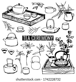 vector linear hand-drawn set on the theme "tea ceremony". objects are drawn in the style of a quick sketch. images of teapots, cups and tea leaves isolated from the background