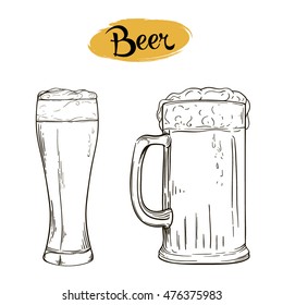 Vector Linear handmade sketches isolated on white background. Mug and a glass of beer. Oktoberfest.