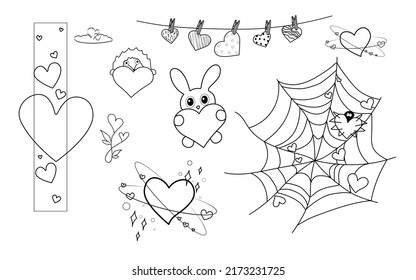 Vector linear heart contour drawings