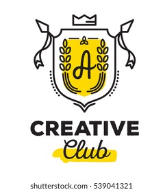 Vector linear heraldry coat of arms with yellow color. Vintage royal heraldic shield with crown, ears of wheat and initial monogram on white background with title. Thin line art design for logo, badge