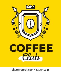 Vector linear heraldry coat of arms with flags. Vintage royal heraldic shield with crown and coffee bean on yellow background with black title coffee club. Thin line art modern design for logo, badge