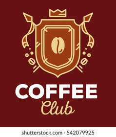 Vector linear heraldry coat of arms with flags. Vintage royal heraldic shield with crown, coffee bean on brown background with white title coffee club. Thin line art modern design for logo, web, site