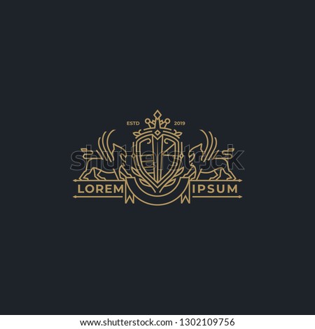 Vector linear heraldry symbols - coat of arms in mono line style for logo designer