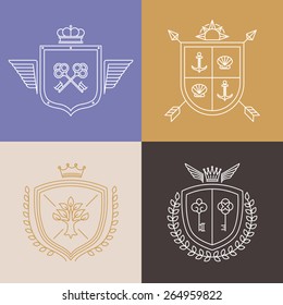 Vector linear heraldry symbols and design elements - coat of arms in mono line style