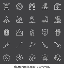 Vector linear hiking icons - set of mountain climbing and camping symbols or logo elements