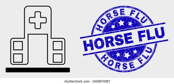 Vector linear hospital building icon and Horse Flu stamp. Blue rounded grunge seal with Horse Flu title. Black isolated hospital building icon in linear style.