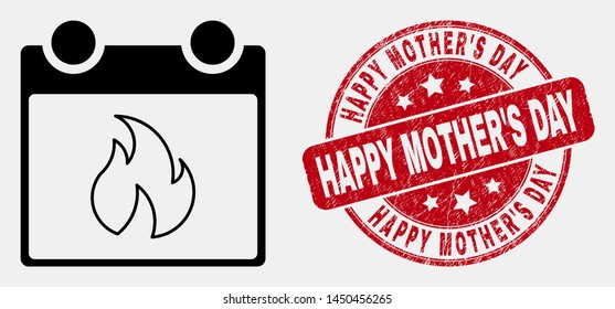 Vector linear hot calendar leaf icon and Happy Mother'S Day seal stamp. Blue rounded distress seal stamp with Happy Mother'S Day caption. Black isolated hot calendar leaf icon in line style.