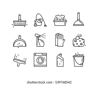 Vector linear house cleaning tools icon set