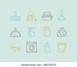 Vector linear house cleaning tools icon set