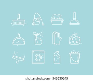 Vector Linear House Cleaning Tools Icon Set