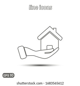 Vector linear house icon in hand. Modern simple flat icon of real estate purchase and sale for website design, logo, application, user interface. Vector EPS10