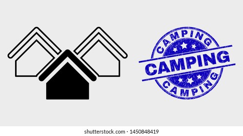 Vector linear houses icon and Camping watermark. Blue rounded textured watermark with Camping text. Black isolated houses icon in linear style.
