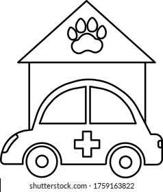 Vector linear icon of ambulance car and veterinary clinic symbol, isolated on white background