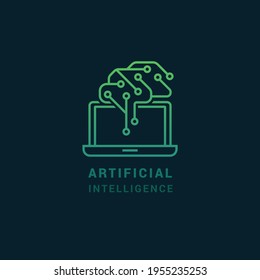 Vector linear icon of artificial intelligence in the form of a computer with an electrical circuit in the form of a human brain. Vector illustration. EPS 10.